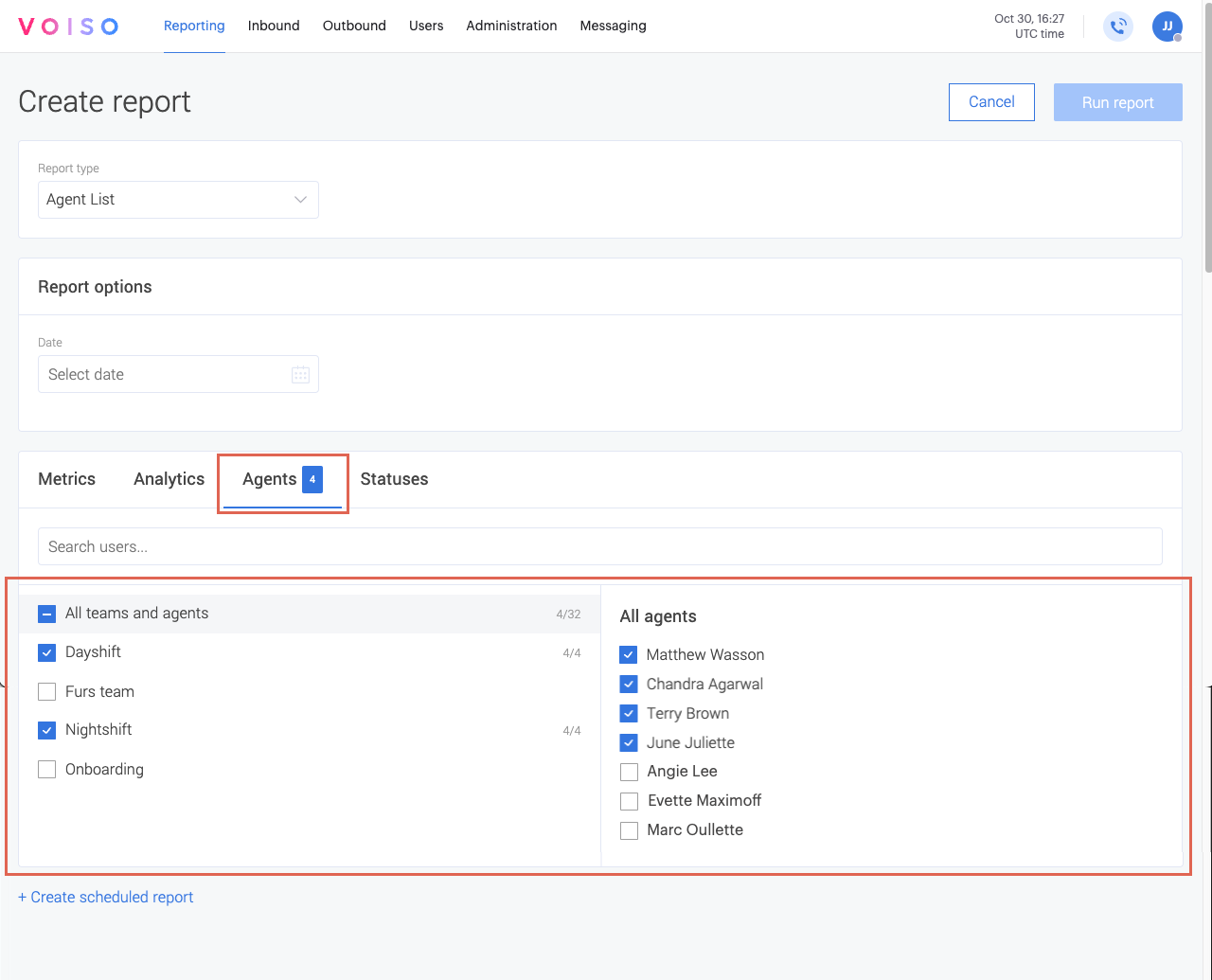 Reporting Create Report Agents Tab