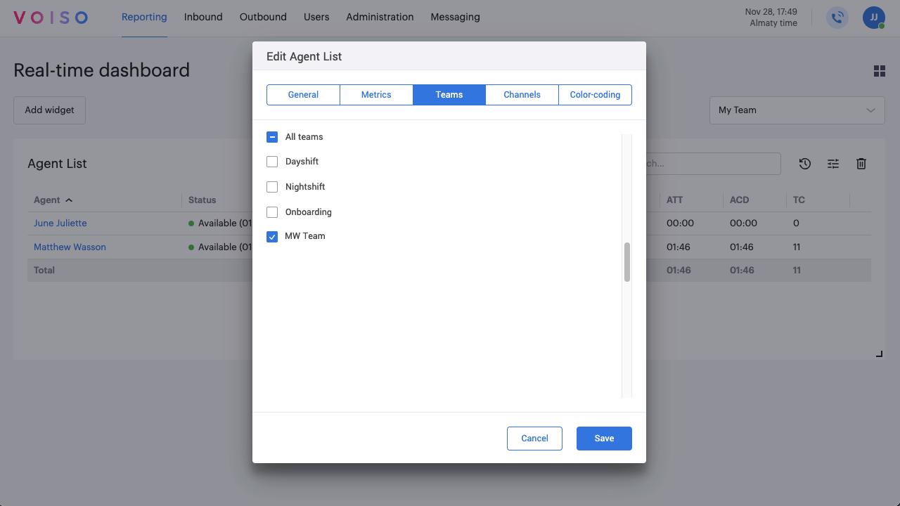 Reporting Real-time Dashboard Agent List Widget Teams Tab