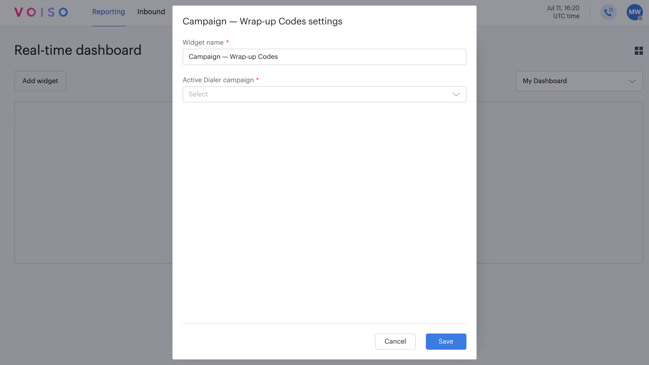 Reporting Real-time Dashboard Campaign Wrap-up Codes Widget Edit Panel