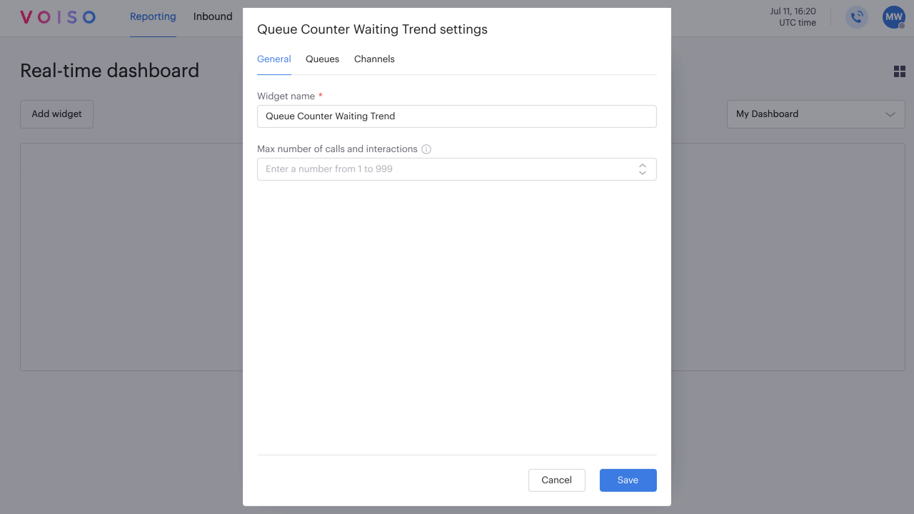 Reporting Real-time Dashboard Queue Counter Waiting Trend Widget General Tab