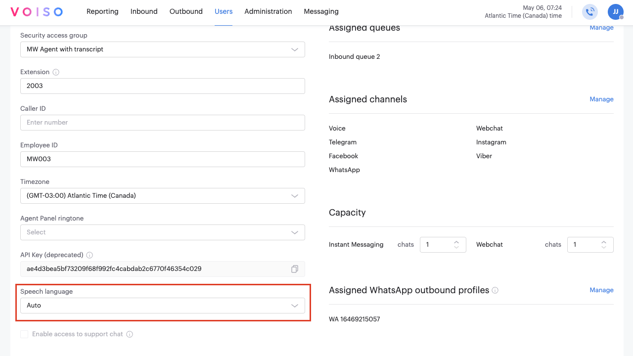 Speech Analytics SAG Agent Configuration User Page