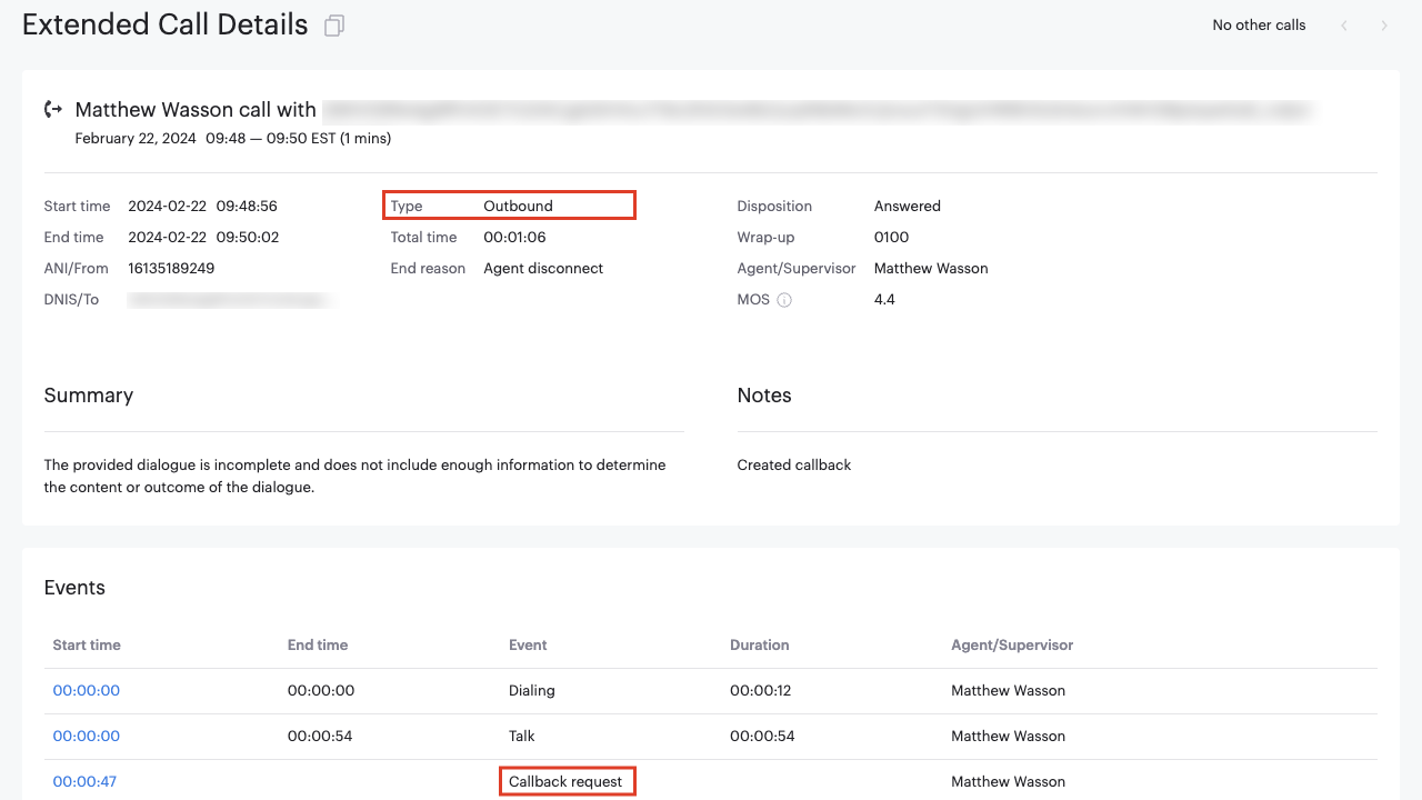 System Settings Scheduled Callbacks Call Details Callback Request