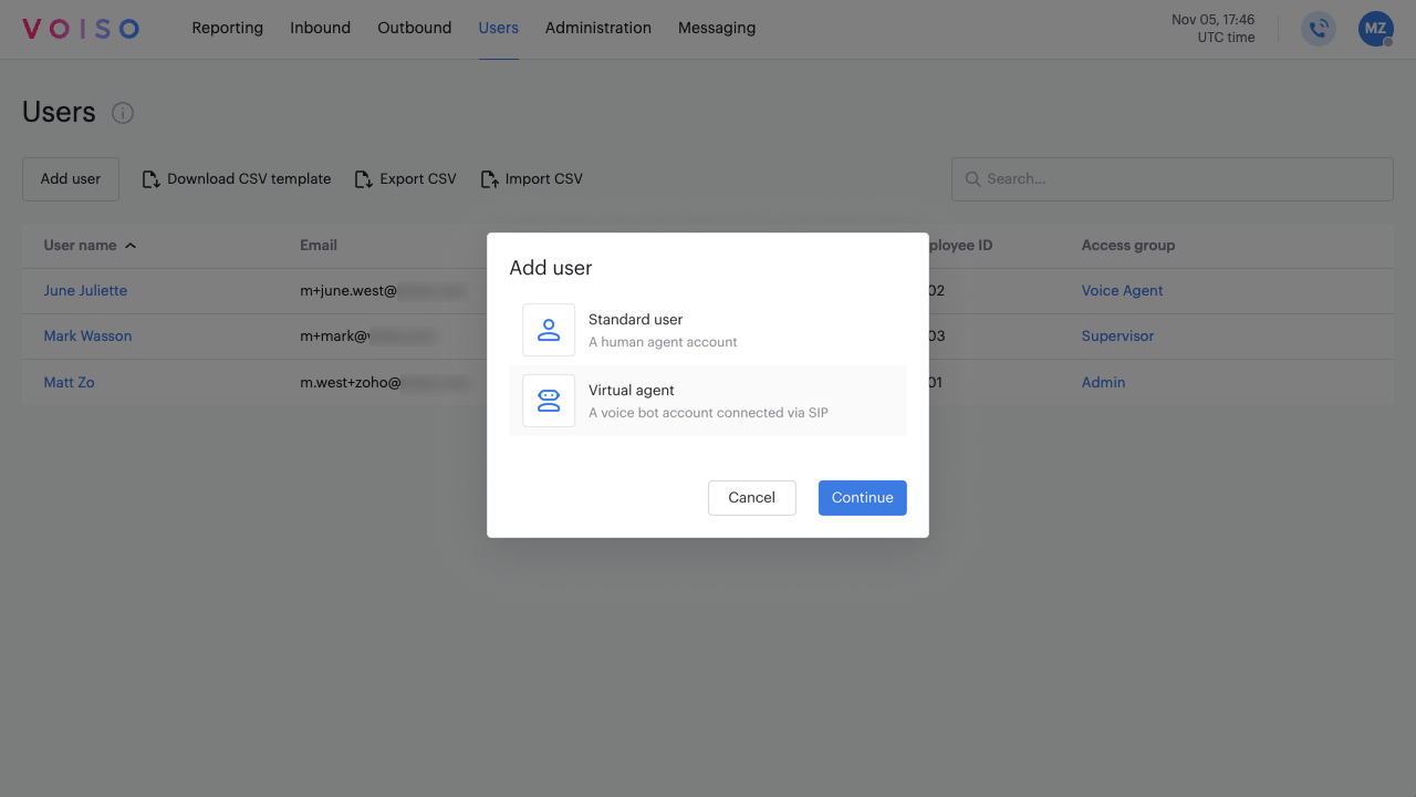 Users Add User Select Standard User Or Virtual Agent