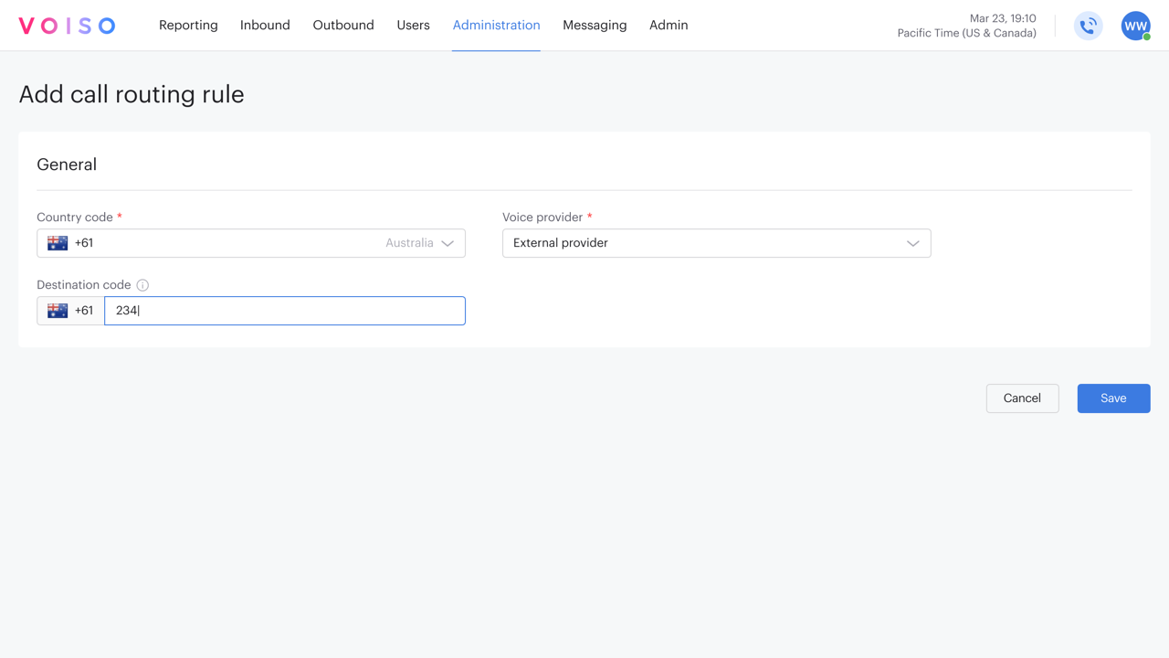 Voice Provider Add Call Routing Page