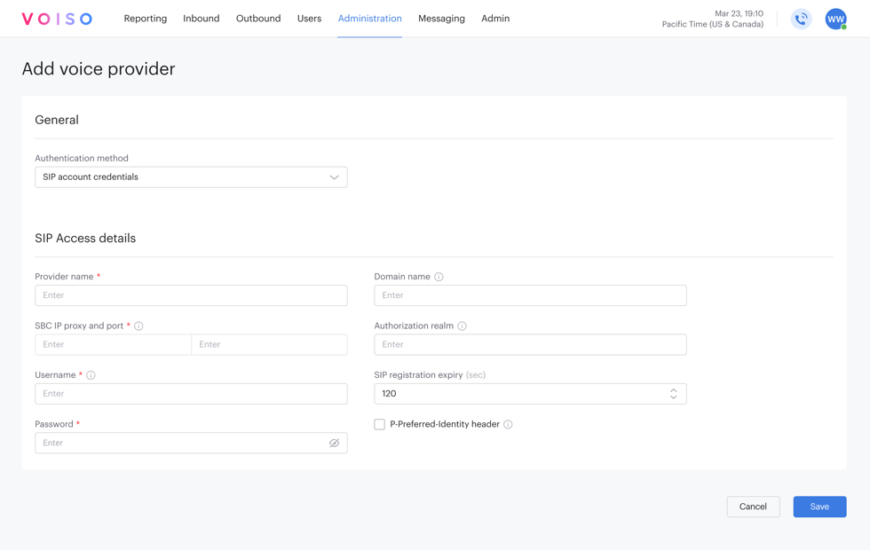 Voice Providers SIP Access Details Section