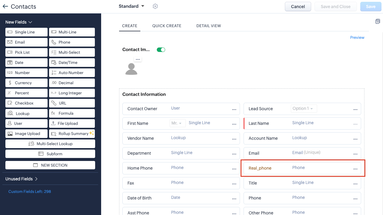 Zoho CRM Contact Masking Add Real Number Field