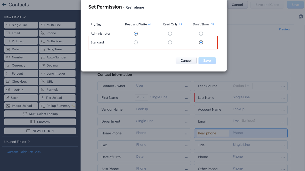 Zoho CRM Contact Masking Set Permissions