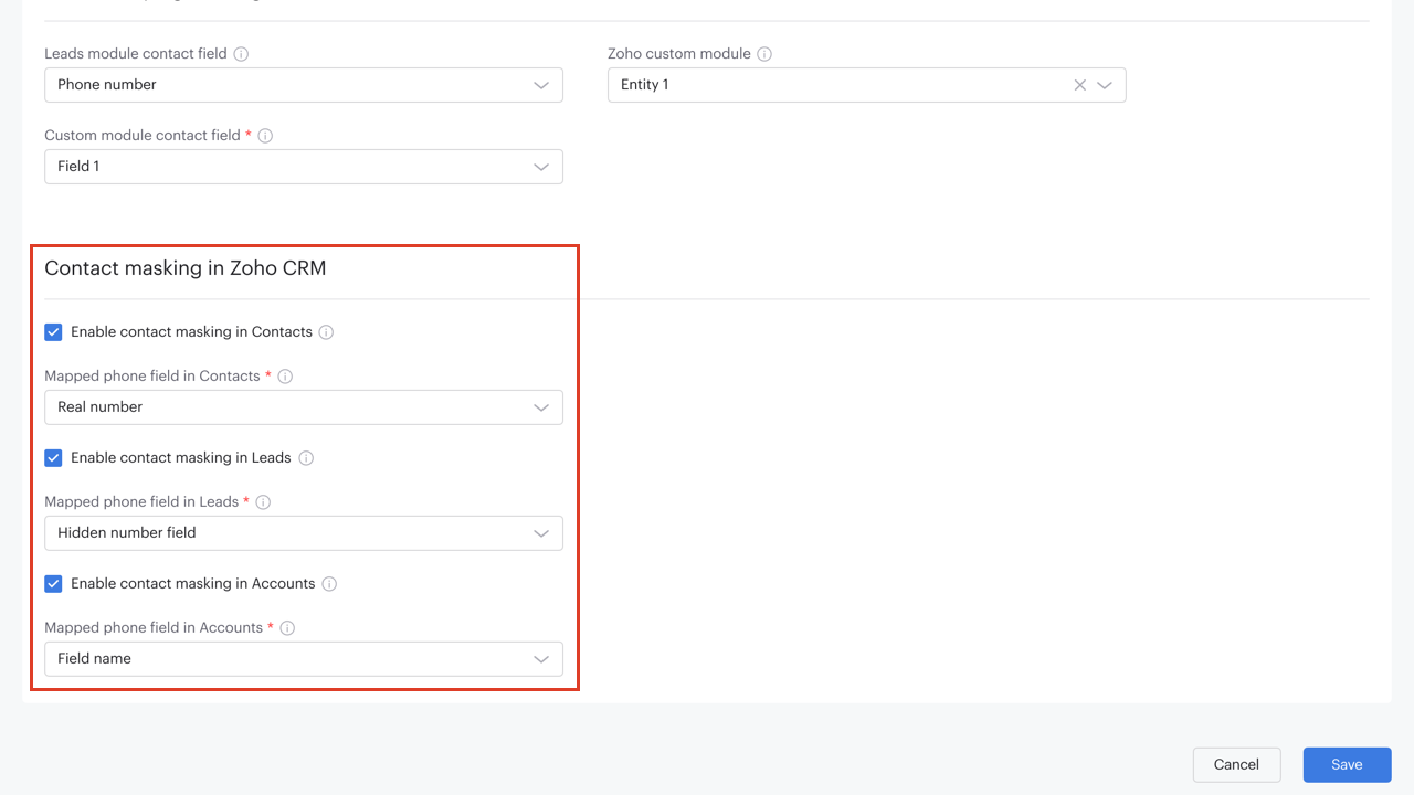 Zoho CRM Contact Masking Settings Tab