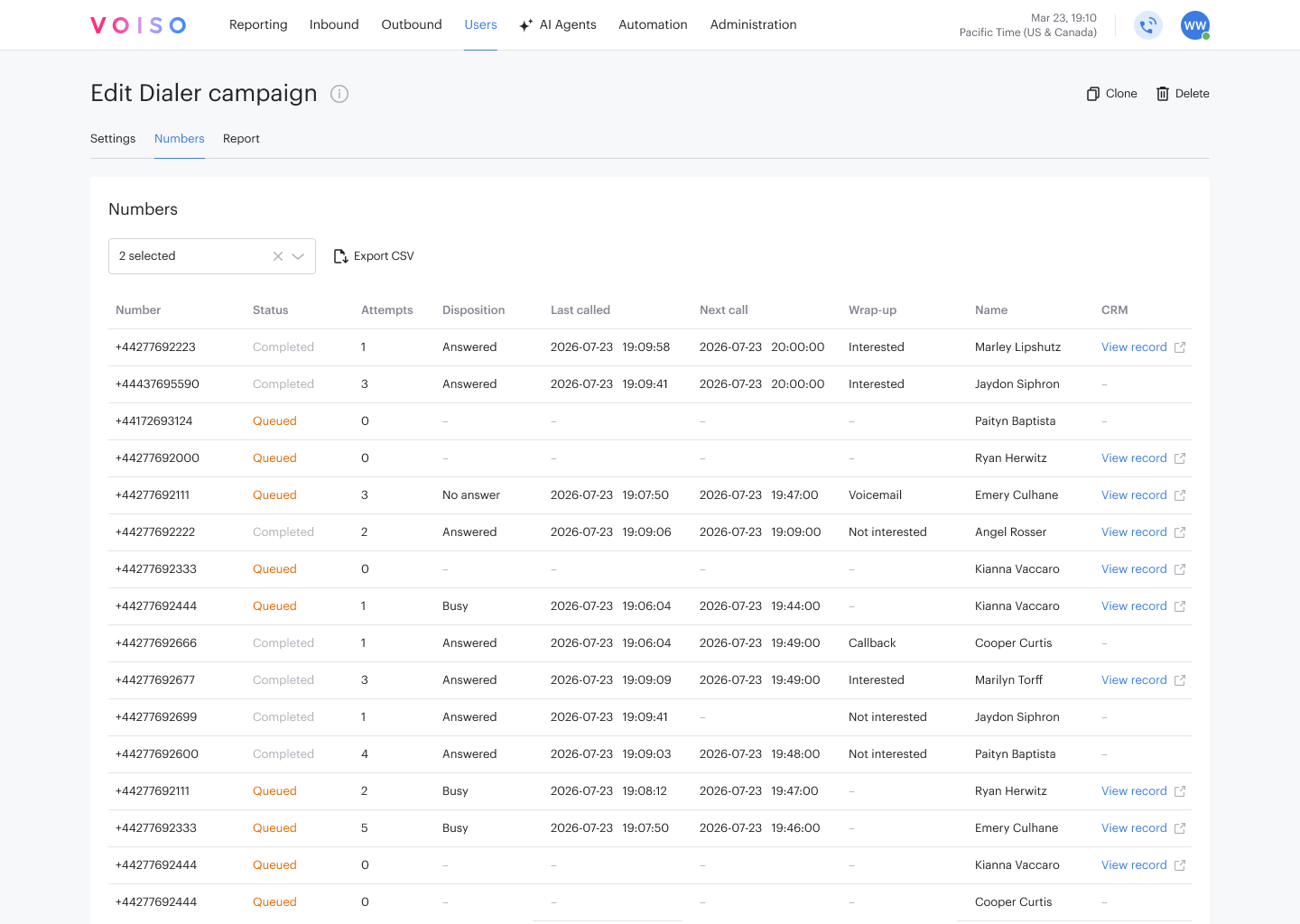 Outbound Dialer Campaign Numbers Tab