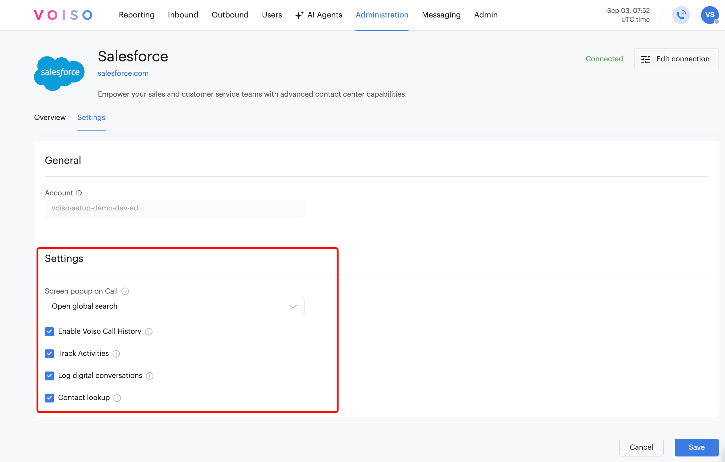 Integrations Salesforce Settings Tab