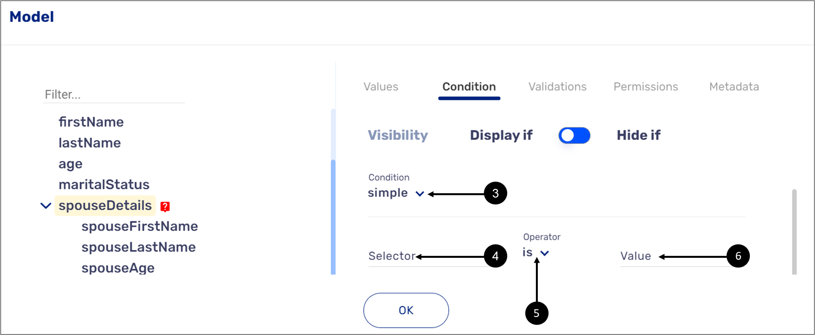 The type of the condition is set to no by default. When changing it to simple, the logical expression parameters - Selector, Operator and Value appear. In addition, the icon will appear next to the transaction data item that is implemented with the condition.