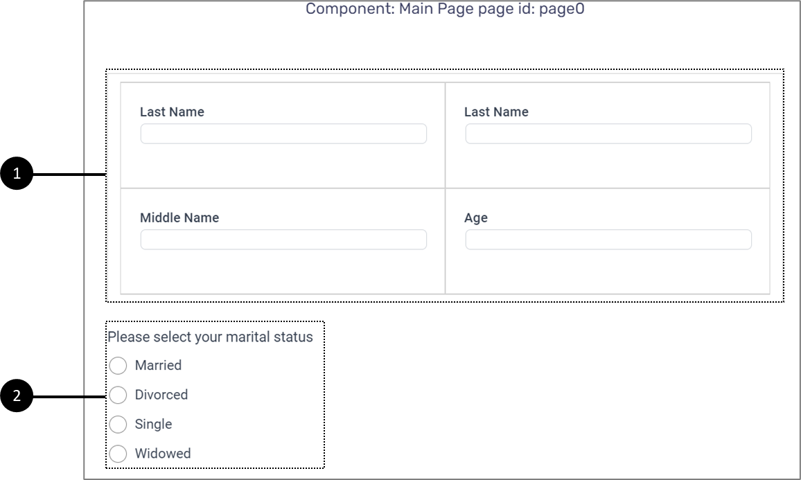 Webflow with four Text Input components that are used for inputting personal details and a Radio Question with four options for selecting a marital status.