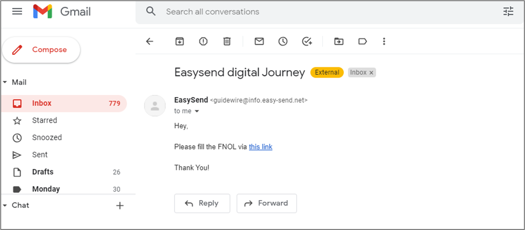An Email with EasySend Digital Process Link.