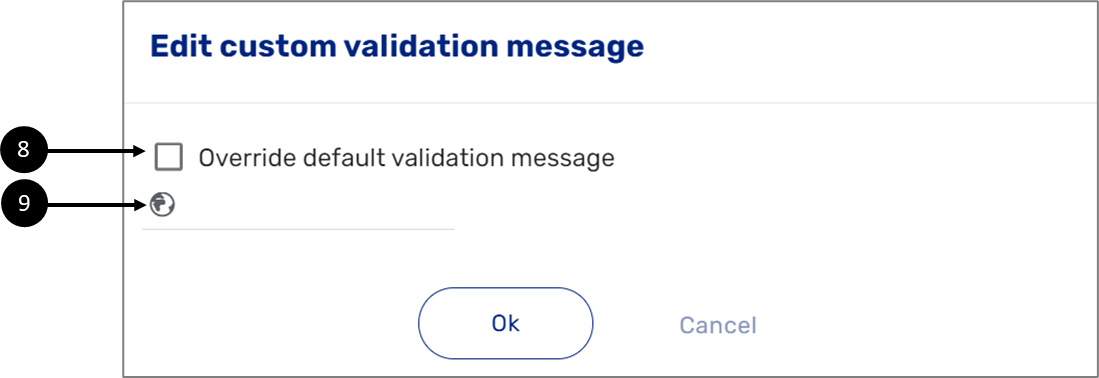 The Edit custom validation message window enables to override the default validation message by checking the checkbox and by entering a new custom message.
