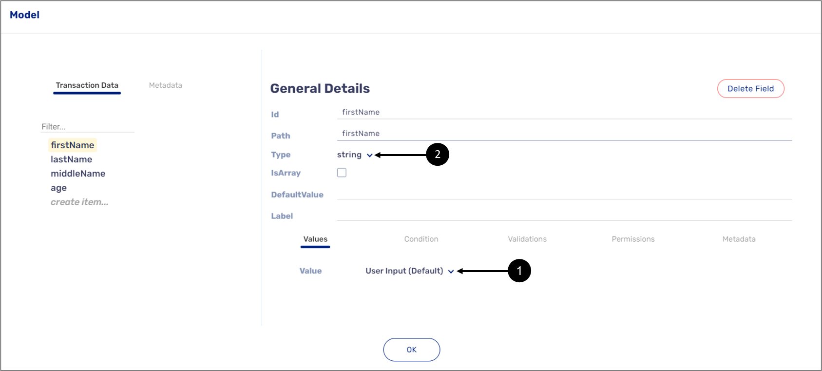 After adding components to the canvas and connecting them to the Model with transaction data items the Value is automatically set to the User Input (Default) value meaning that the end-user will input information manually. The type of input will be determined by the Type selection.