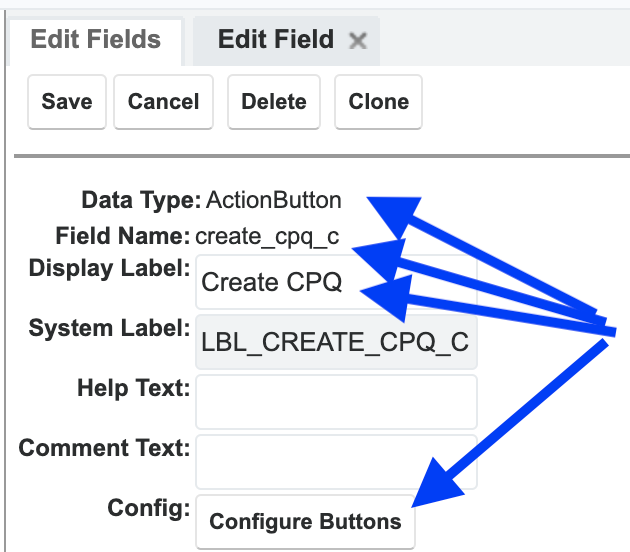 Field Details for Create CPQ Button