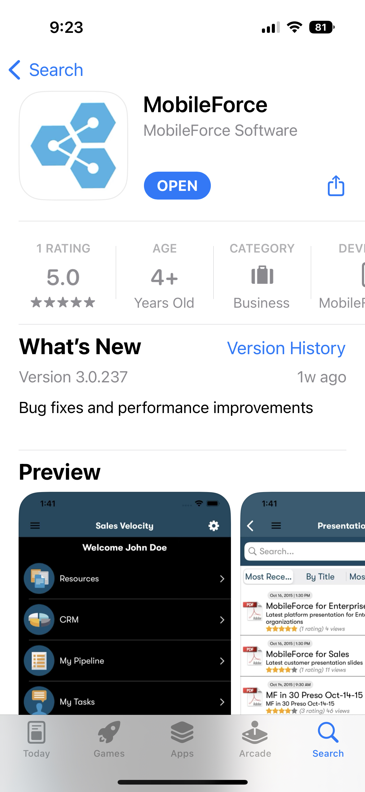 Mobileforce App in Apple App Store
