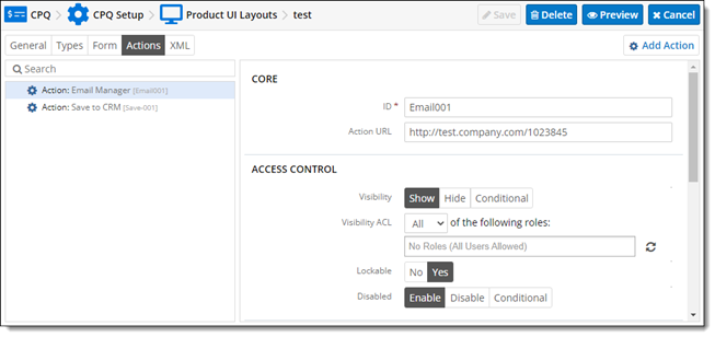 Actions tab - Product UI Layout