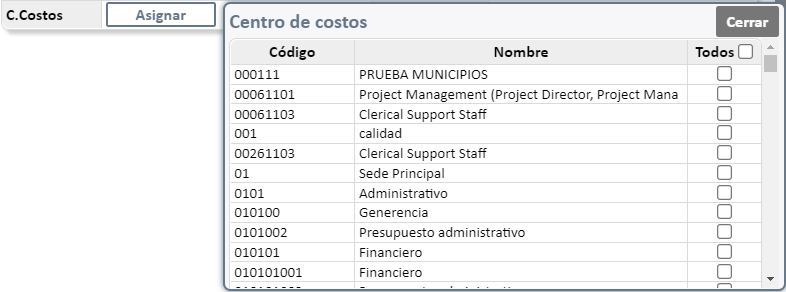 Asignar centro costos
