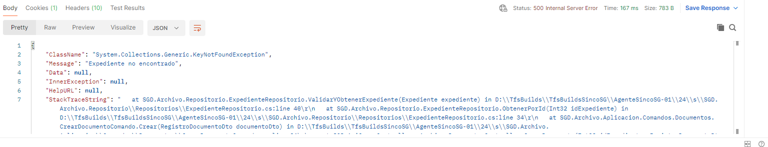 Excepcion 500 - Expediente no encontrado - CreacionDocumento