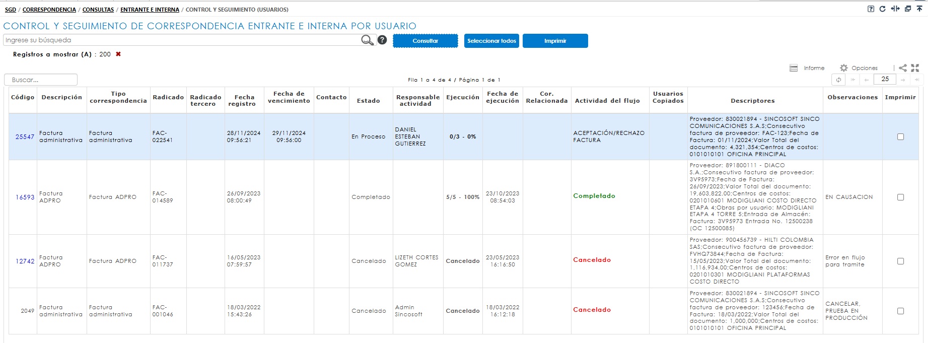 Informe control y seguimiento entrante e interna usuario