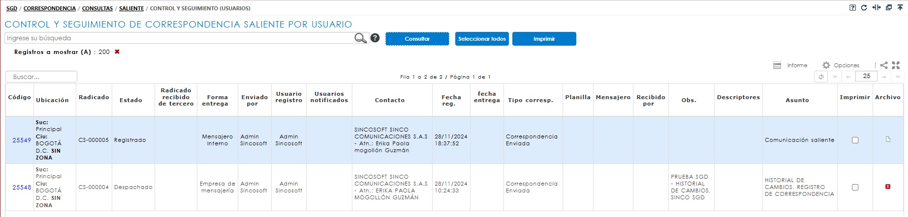 Informe de control y seguimiento saliente usuarios