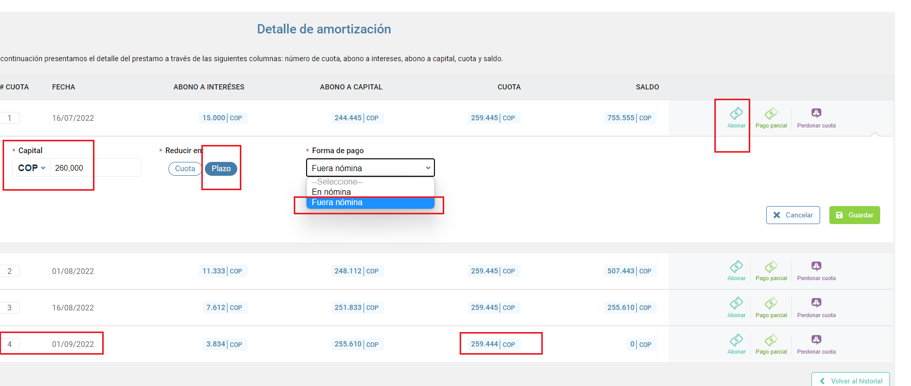 Tabla de amortización de préstamo con interés