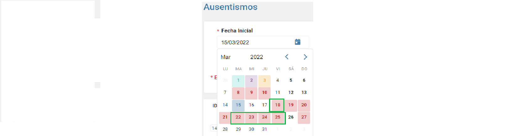 Calendario de un ausentismo registrado por días