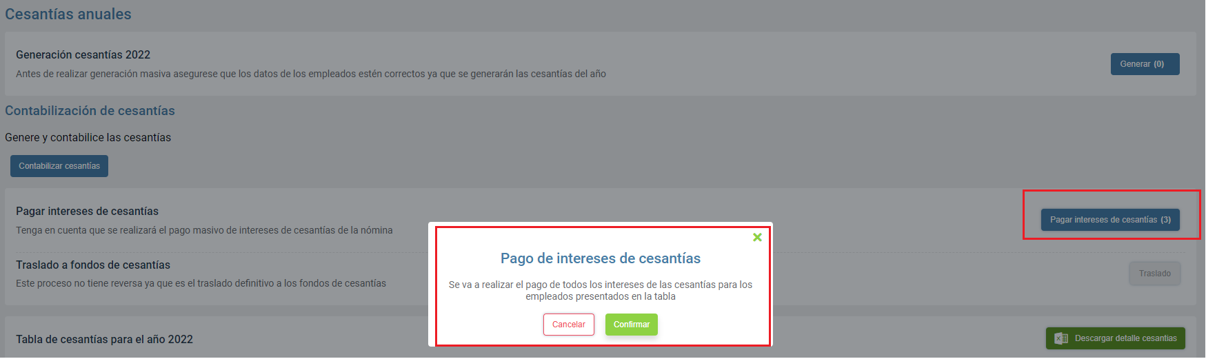 Confirmación para pagar los intereses de cesantía del año