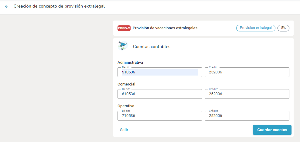 Configurar las cuentas contables de la prima extralegal