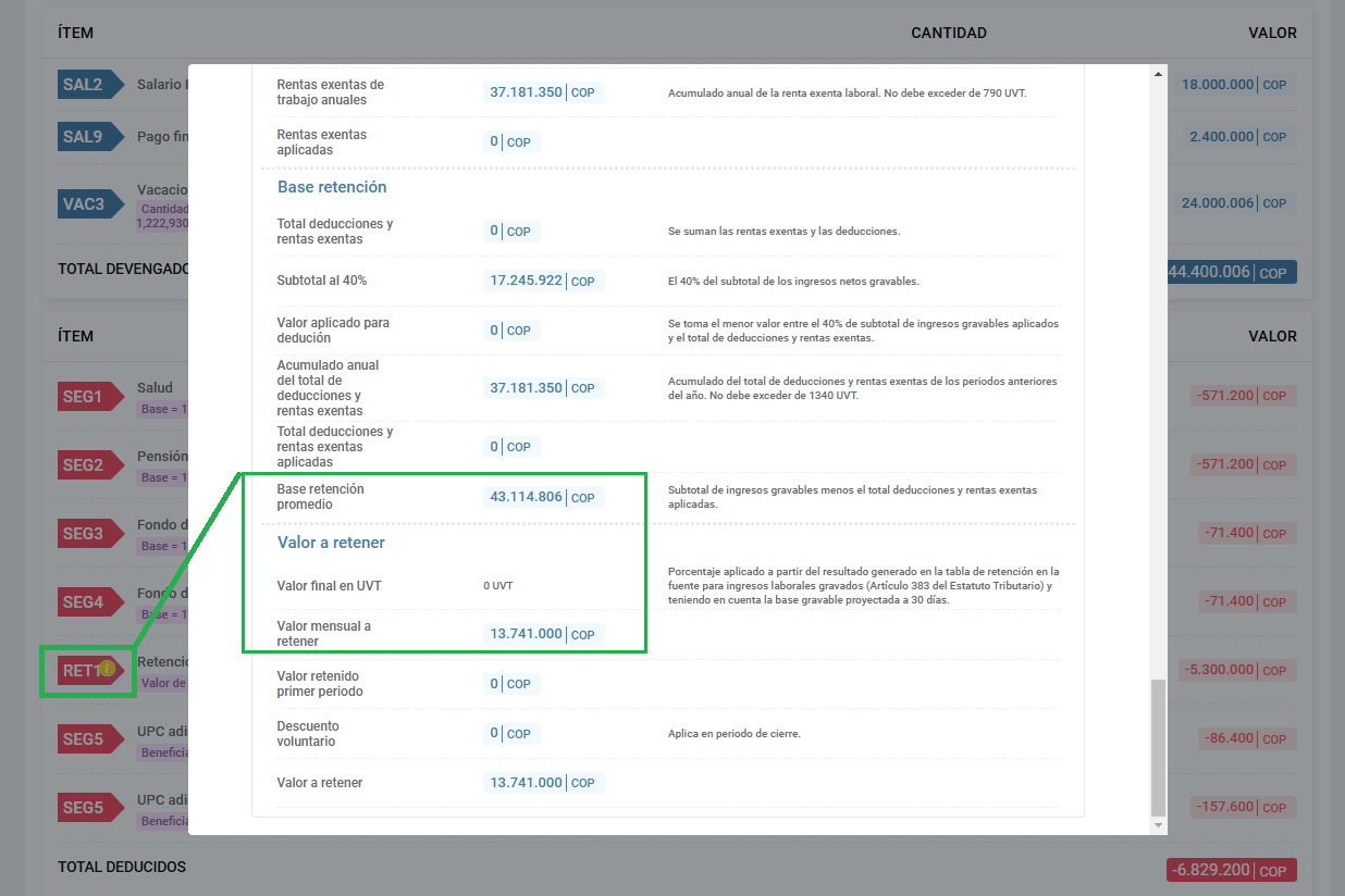Detalle de retención en la fuente con los valores originales
