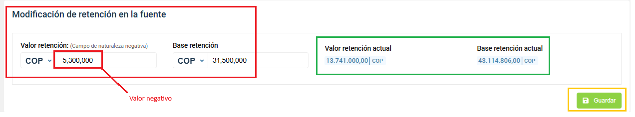 Registro de retiro al cual se le modificará la retefuente - resumen