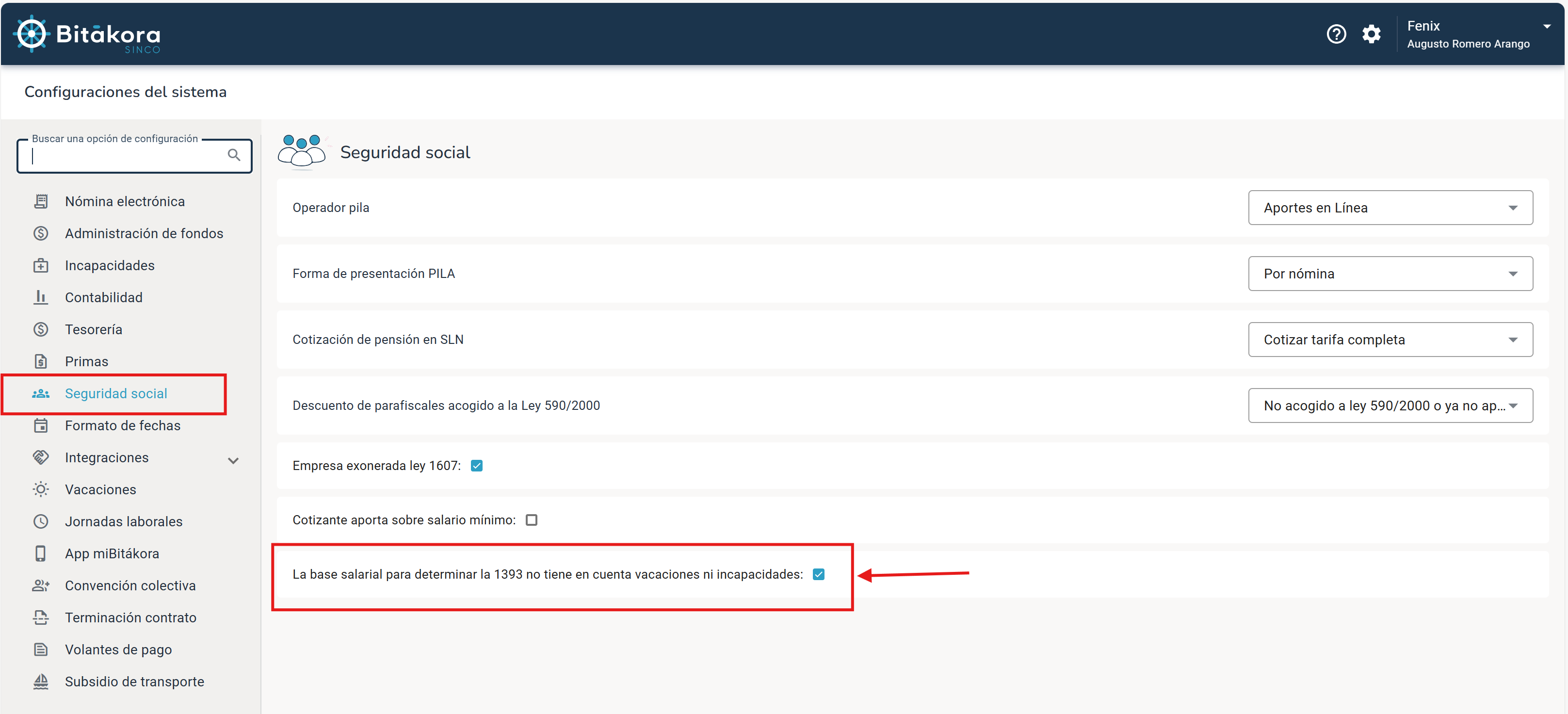 Configuración para incluir las incapacidades y vacaciones en el cálculo de la Ley 1393