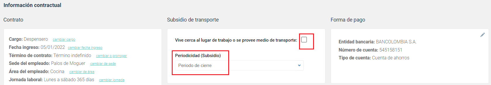 Cambiar la configuración del subsidio de transporte