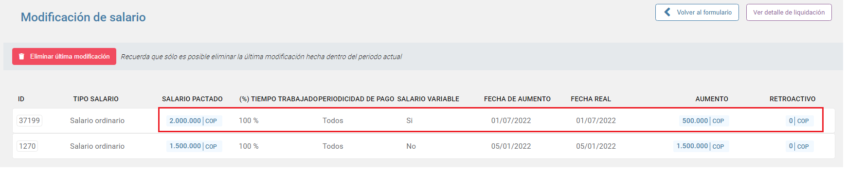 Consultar el registro de modificación de salario