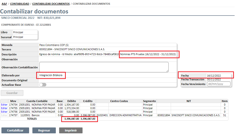 Confirmación para transmitir a Sinco ERP