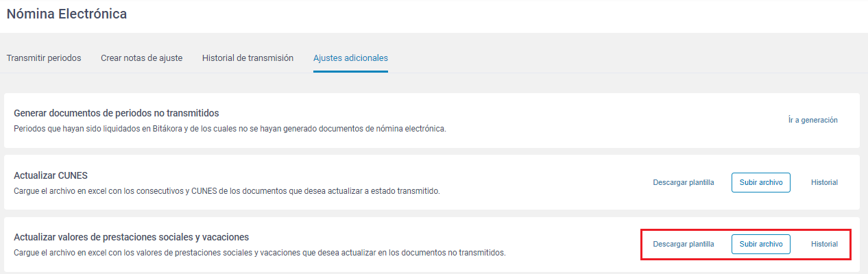 Cargar plantilla con prestaciones sociales y vacaciones