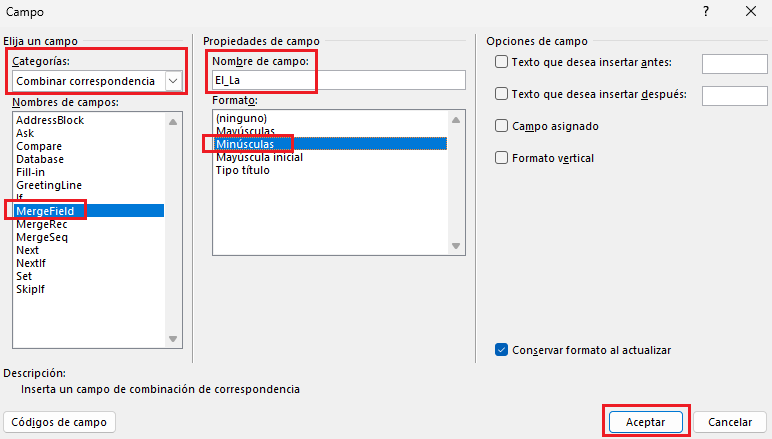 Insertar campo MergeField en Word