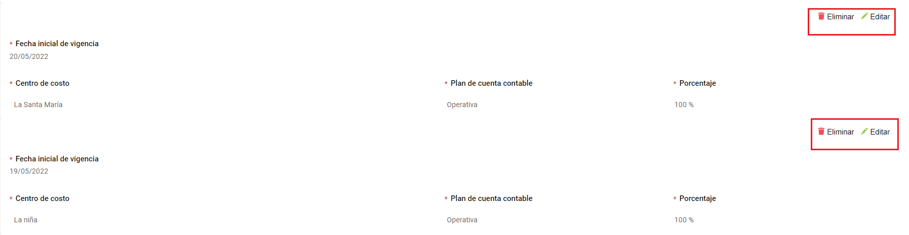 Editar y eliminar la distribución contable