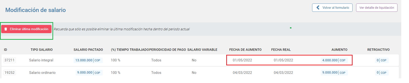 Eliminar la última modificación de salario