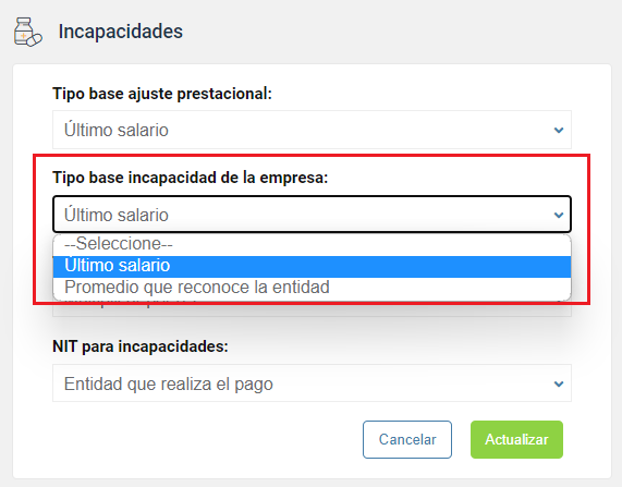 Tipo base incapacidad de la empresa