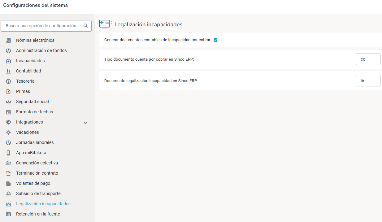 Configurar la legalización de incapacidades