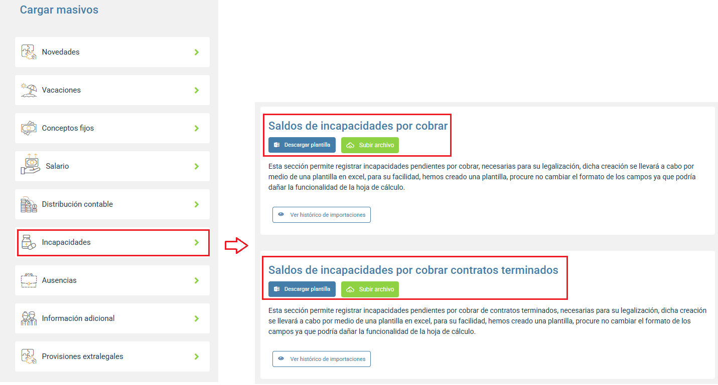 Ingreso a la opción de importación de saldos de incapacidades