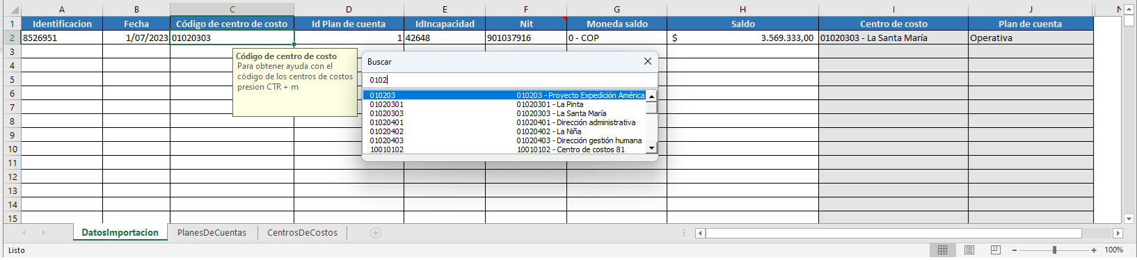 Plantilla en Excel para el cargue de saldos