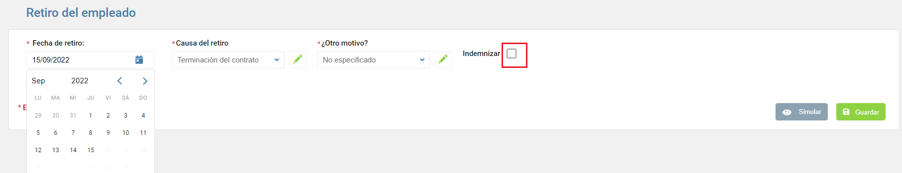 Registrar el retiro de un empleado con indemnización