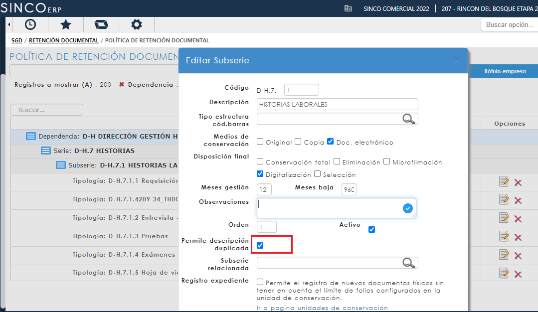 Configuración permitir descripciones duplicadas en la subserie