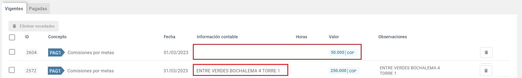 Registro de comisiones en la bitácora del empleado