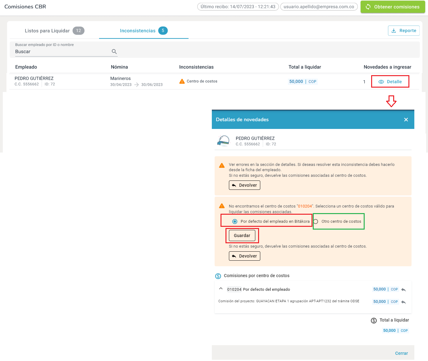 Corregir el centro de costo del registro de comisiones