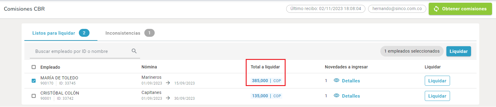 Liquidar las comisiones autorizadas en CBR