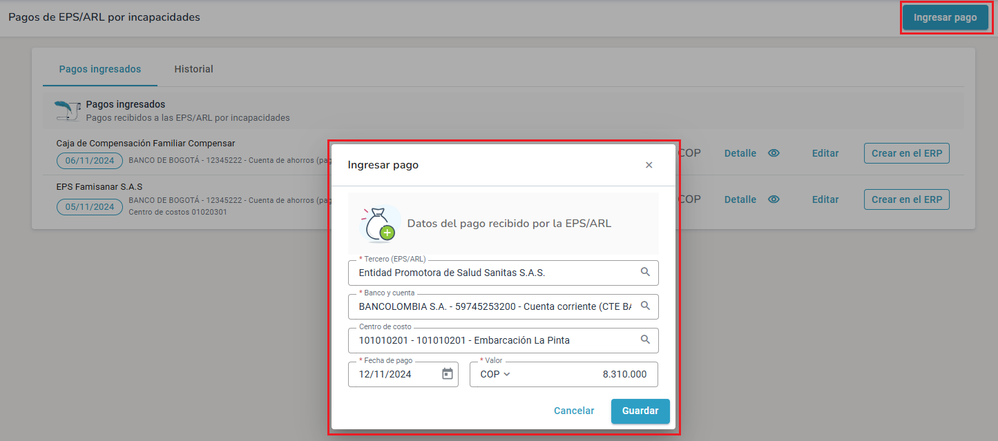 Ingresar el pago de incapacidad realizado por la EPS